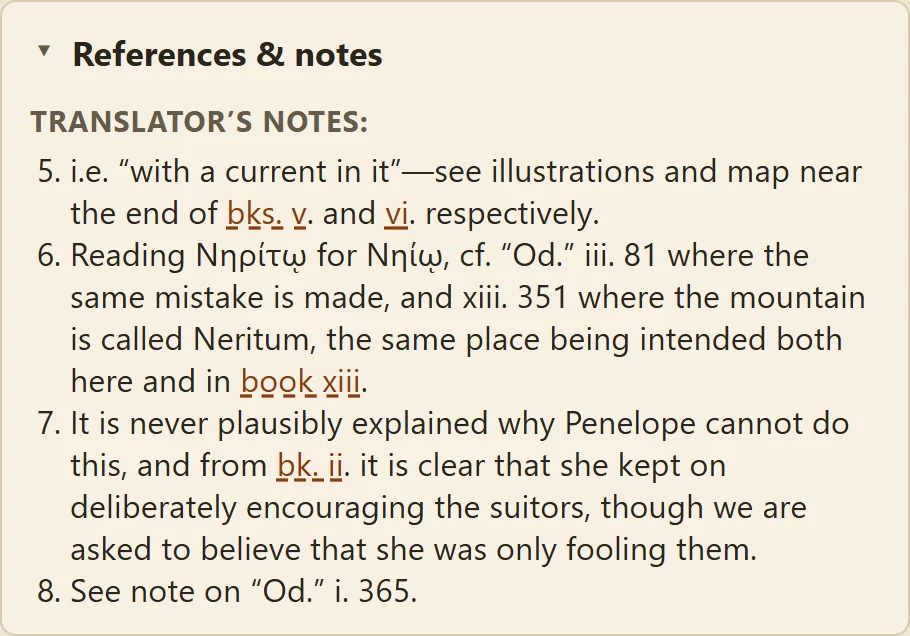 The translator's footnotes in Odyssey Book 1, where 'bks. v and vi' and 'book xiii' are links.