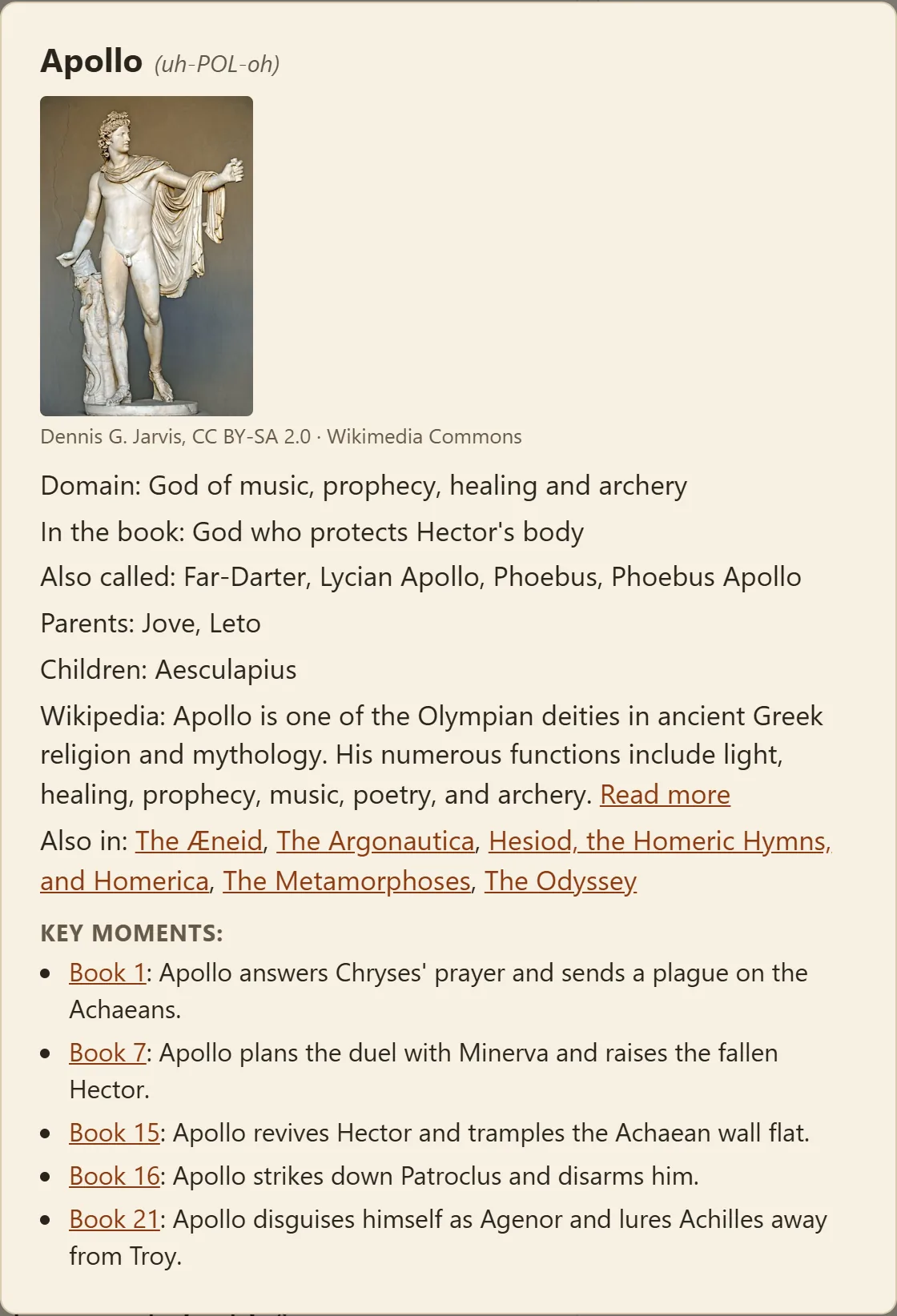 Apollo's profile: a statue of him, his other names, his parents, Wikipedia's summary and his key moments in the Iliad.